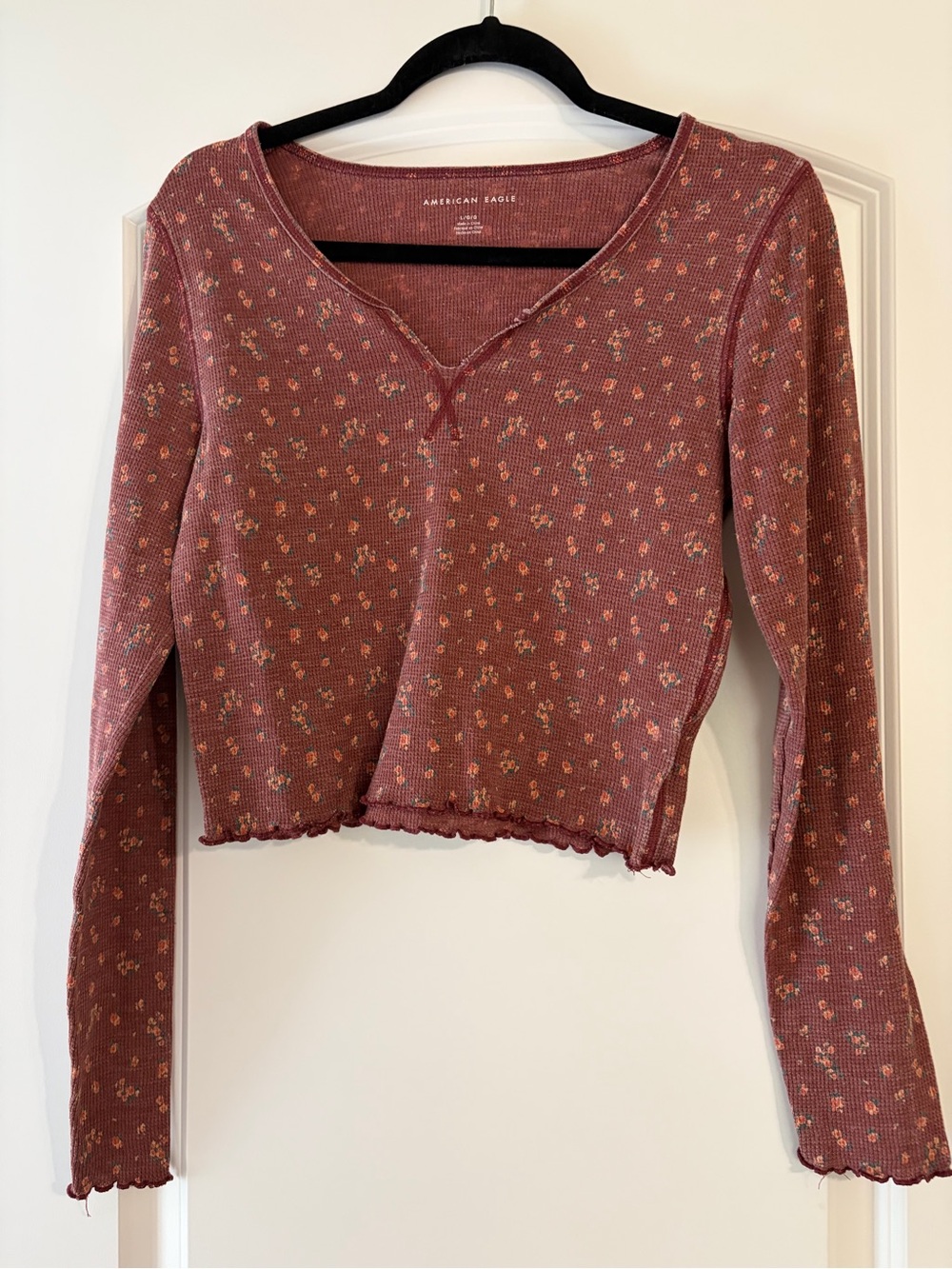 American Eagle Outfitters Rust Floral Waffle Long Sleeve Crop Top